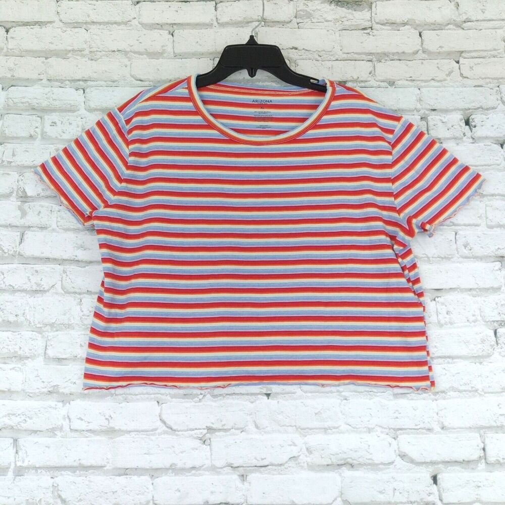 Arizona Jean Co Shirt Womens XL Red Blue Striped Short Sleeve Crop Top Stretch